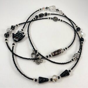 Stunning Unsigned Artisan Black Glass AB Seed Bead Beaded Fish Necklace Long